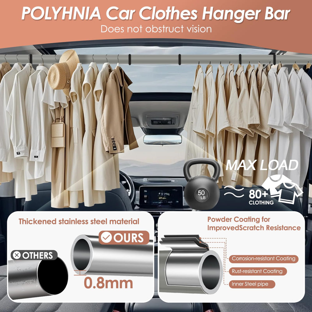 polyhnia heavy-duty telescopic hanger bar supports clothes on long car trips.