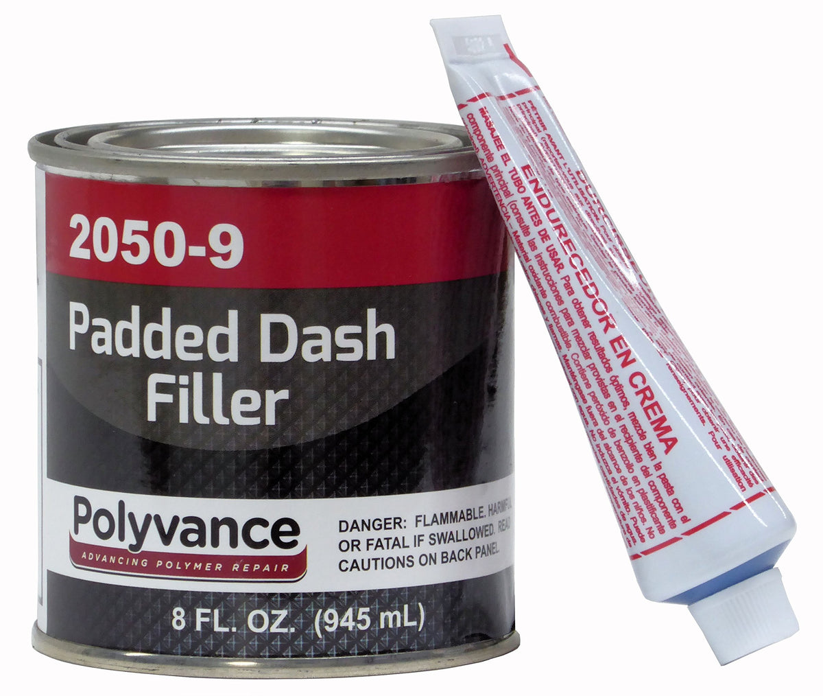 Polyvance padded dash filler bottle demonstrates strong vinyl and plastic adhesion for repairs.
