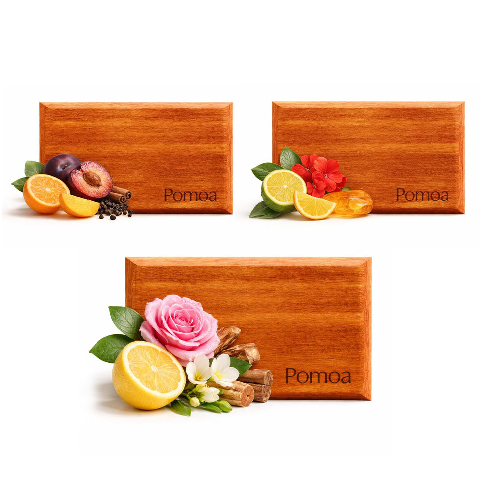 POMOA car air freshener wood 3-pack in view, natural scent for vehicles.