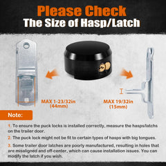 Pomunty puck lock side view demonstrates hasp fit and compact size for trailers.