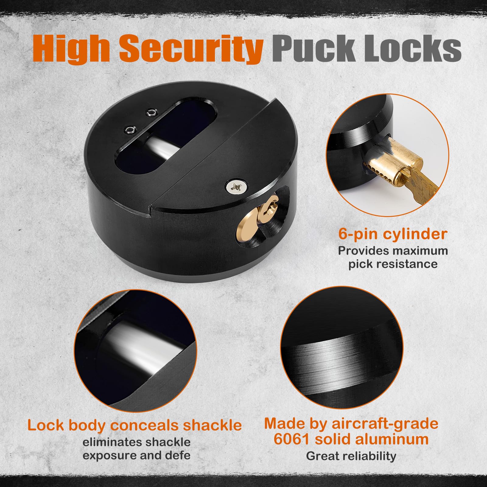 Pomunty puck lock weatherproof anodized body resists rain and rust.