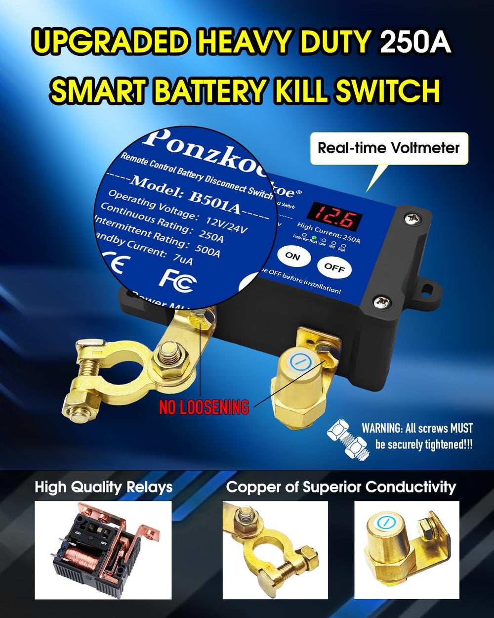 Ponzkoe 250A remote switch showing LED status display for clear protection status