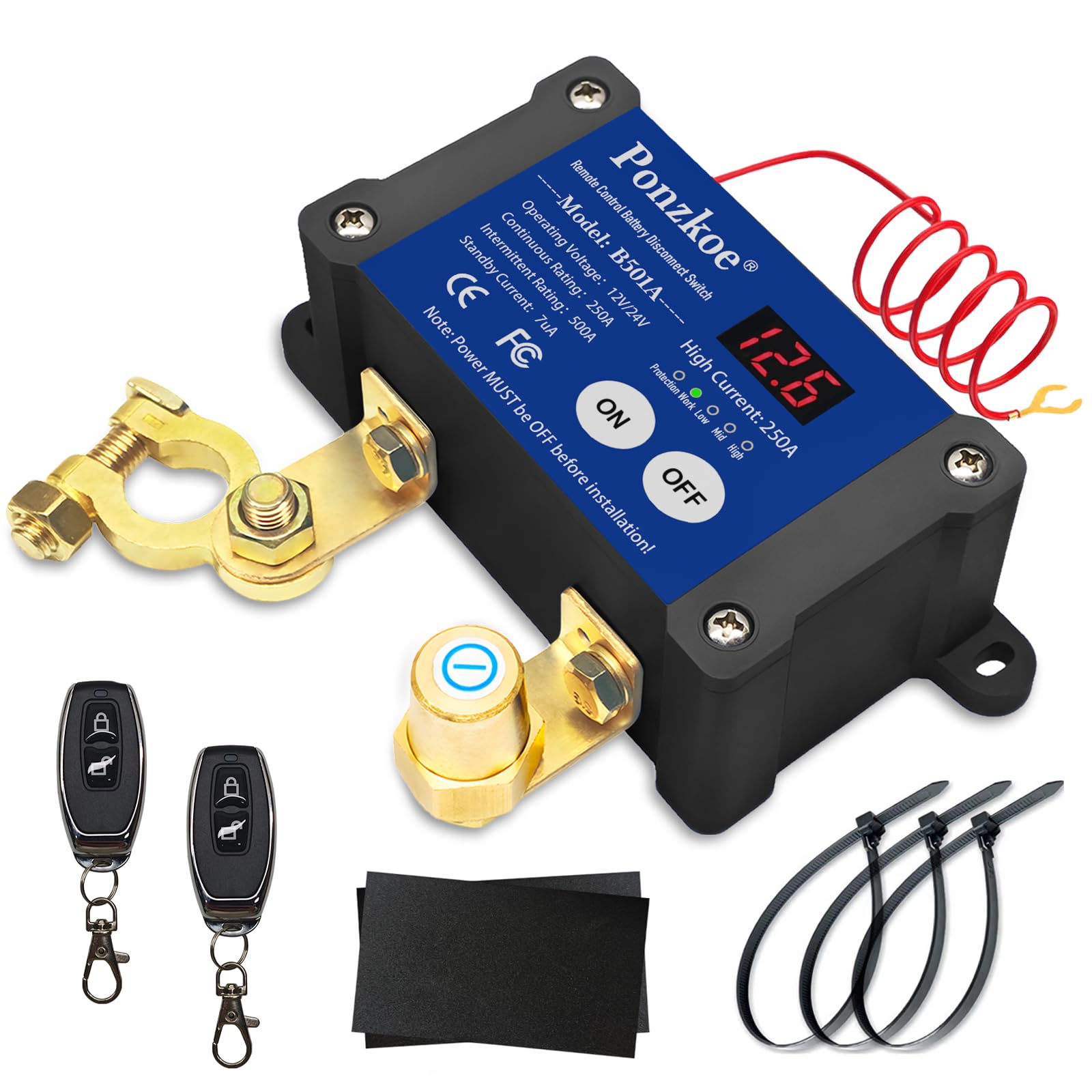 Ponzkoe 250A smart remote disconnect switch front view with LED indicators for quick power cut