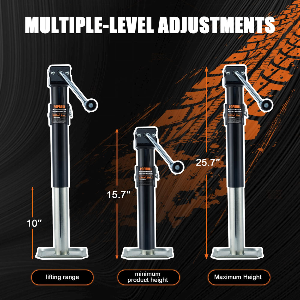 POPBULL trailer jack 10-inch travel close-up showing smooth leveling
