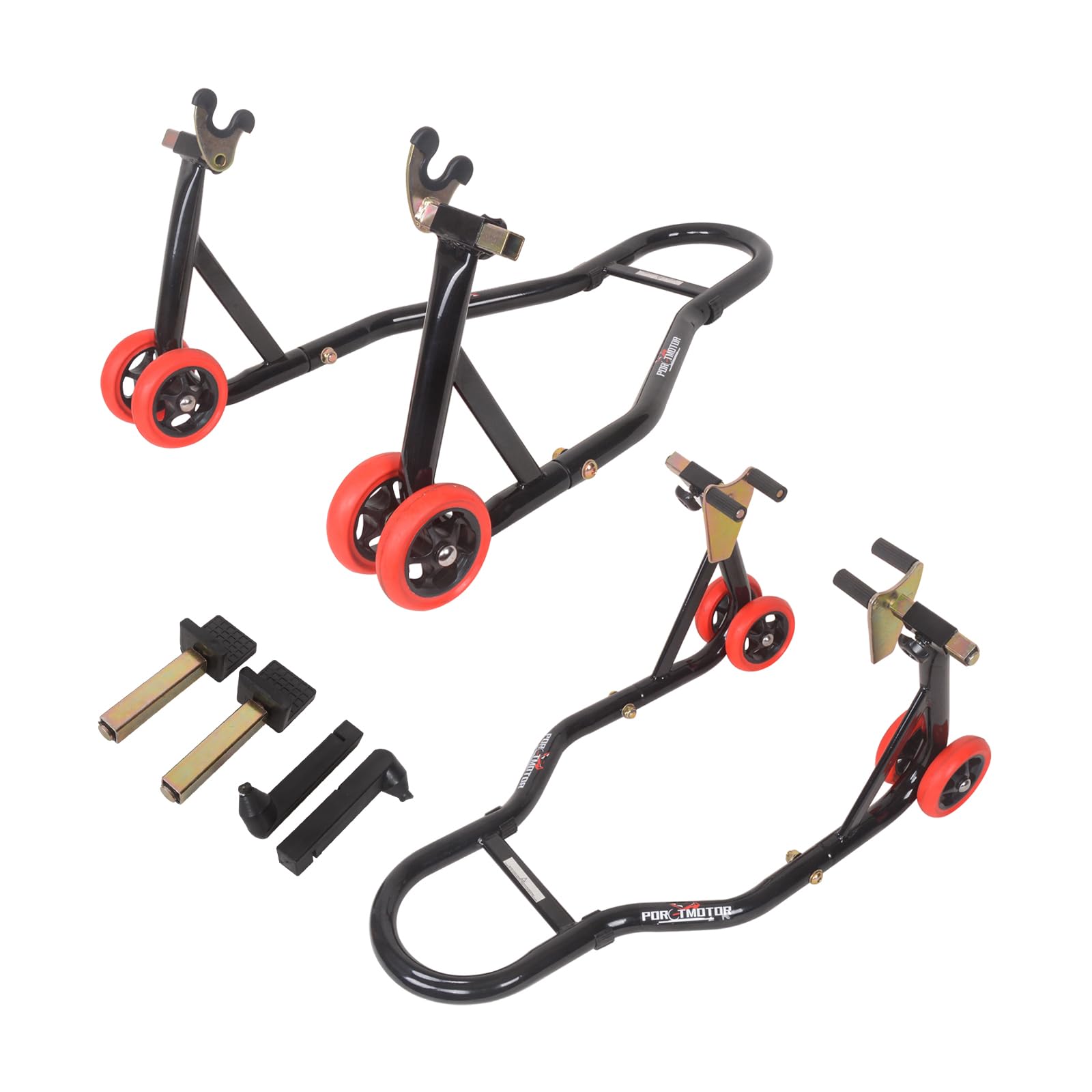 Porotmotor front-rear combo stand enabling quick maintenance access on a stable platform.