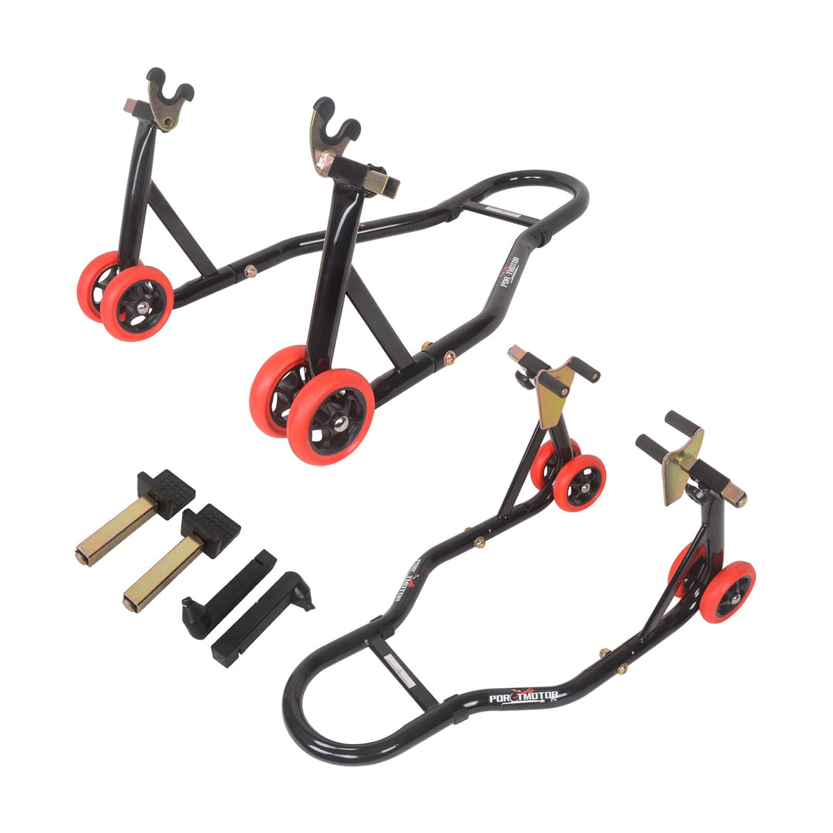 Porotmotor front-rear combo stand enabling quick maintenance access on a stable platform.