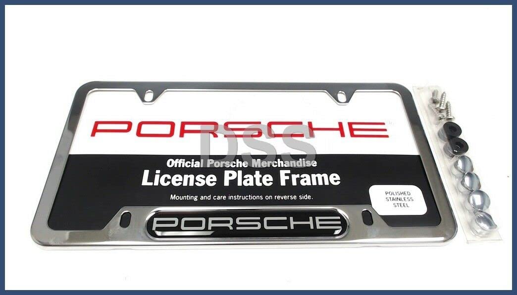 Porsche nameplate frame polished silver enhances exterior appearance.