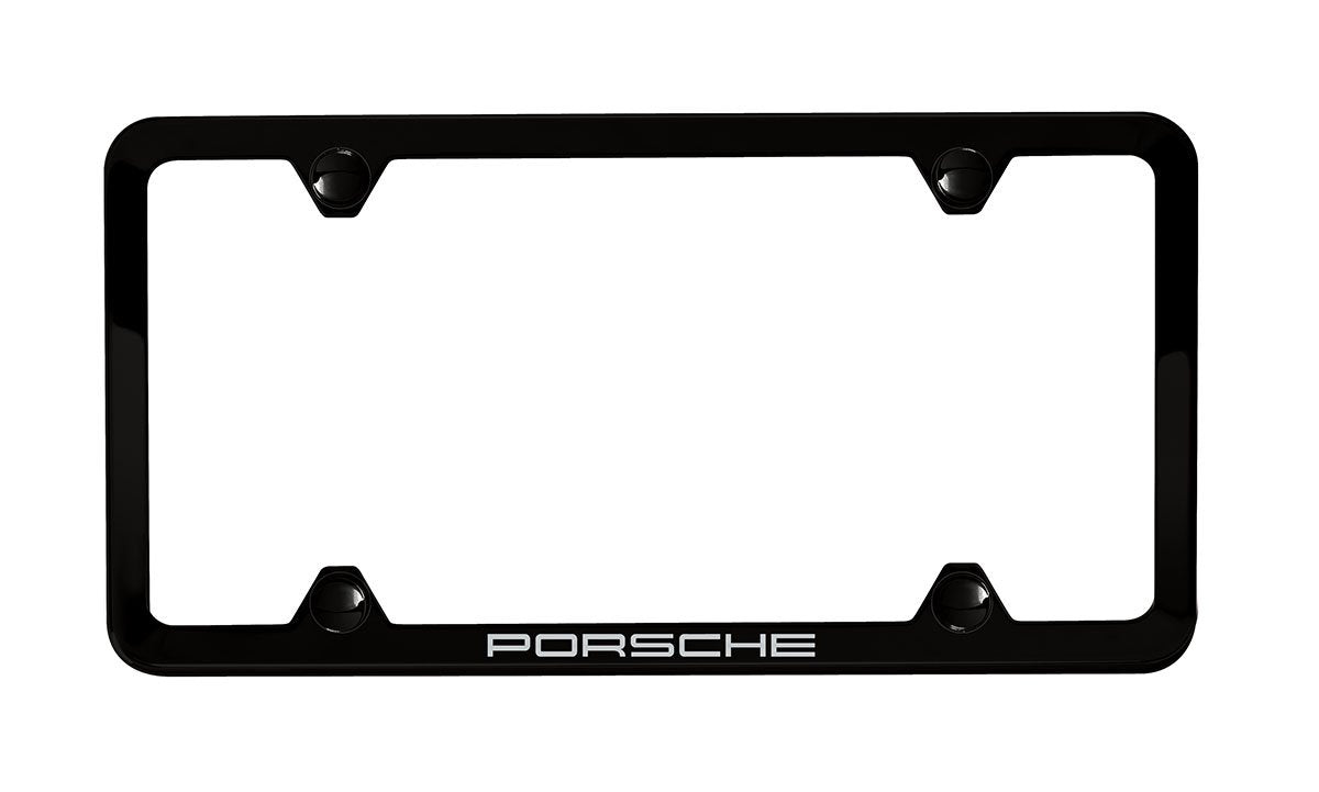 Porsche Slimline license plate holder in black, rust-resistant stainless steel for a sleek, integrated look.