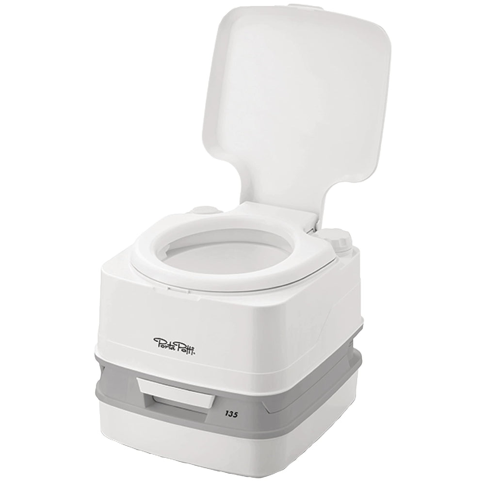 Porta Potti Thetford 135 white front view highlights compact portability for on-the-go use.