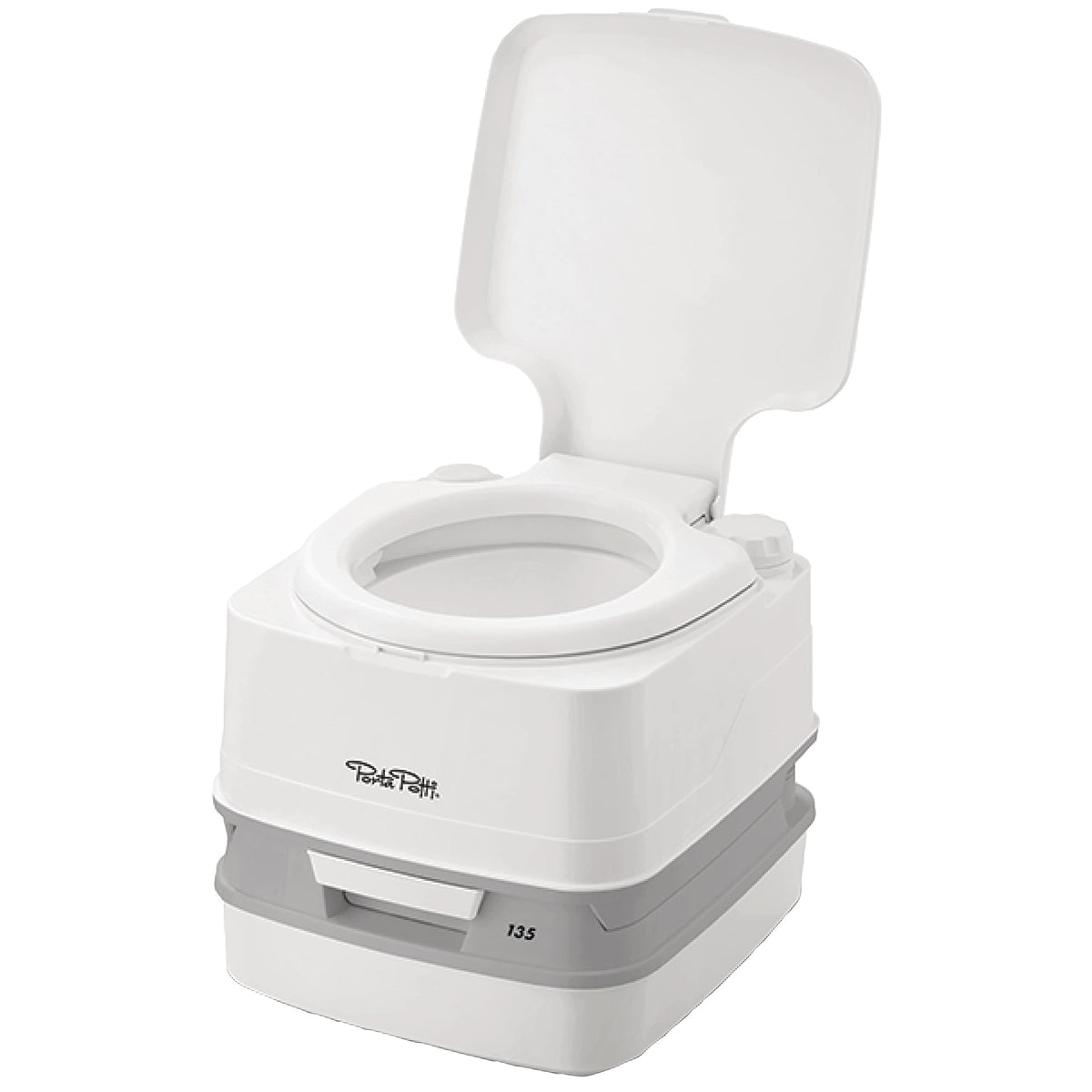 Porta Potti Thetford 135 white front view highlights compact portability for on-the-go use.