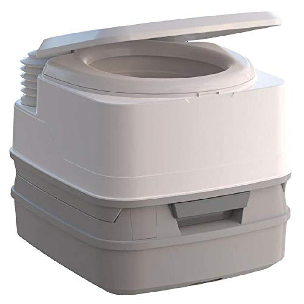 Porta Potti Thetford 135 white pour-out spout reduces backsplash during emptying.