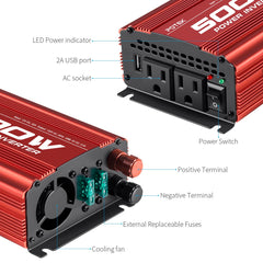 POTEK 500W inverter with dual outlets and USB port for versatile charging on trips