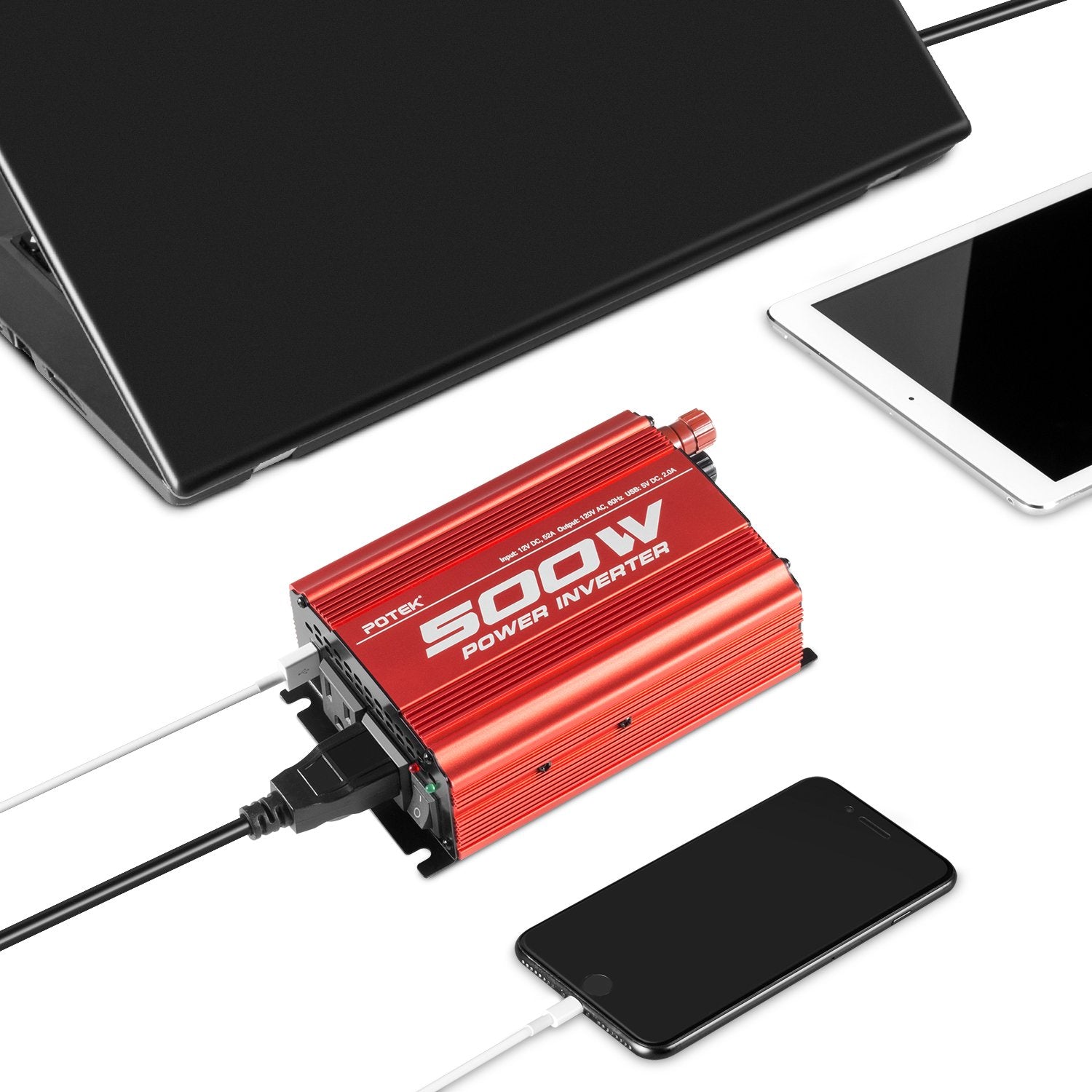POTEK 500W inverter packaging includes spare fuses and manual for quick setup
