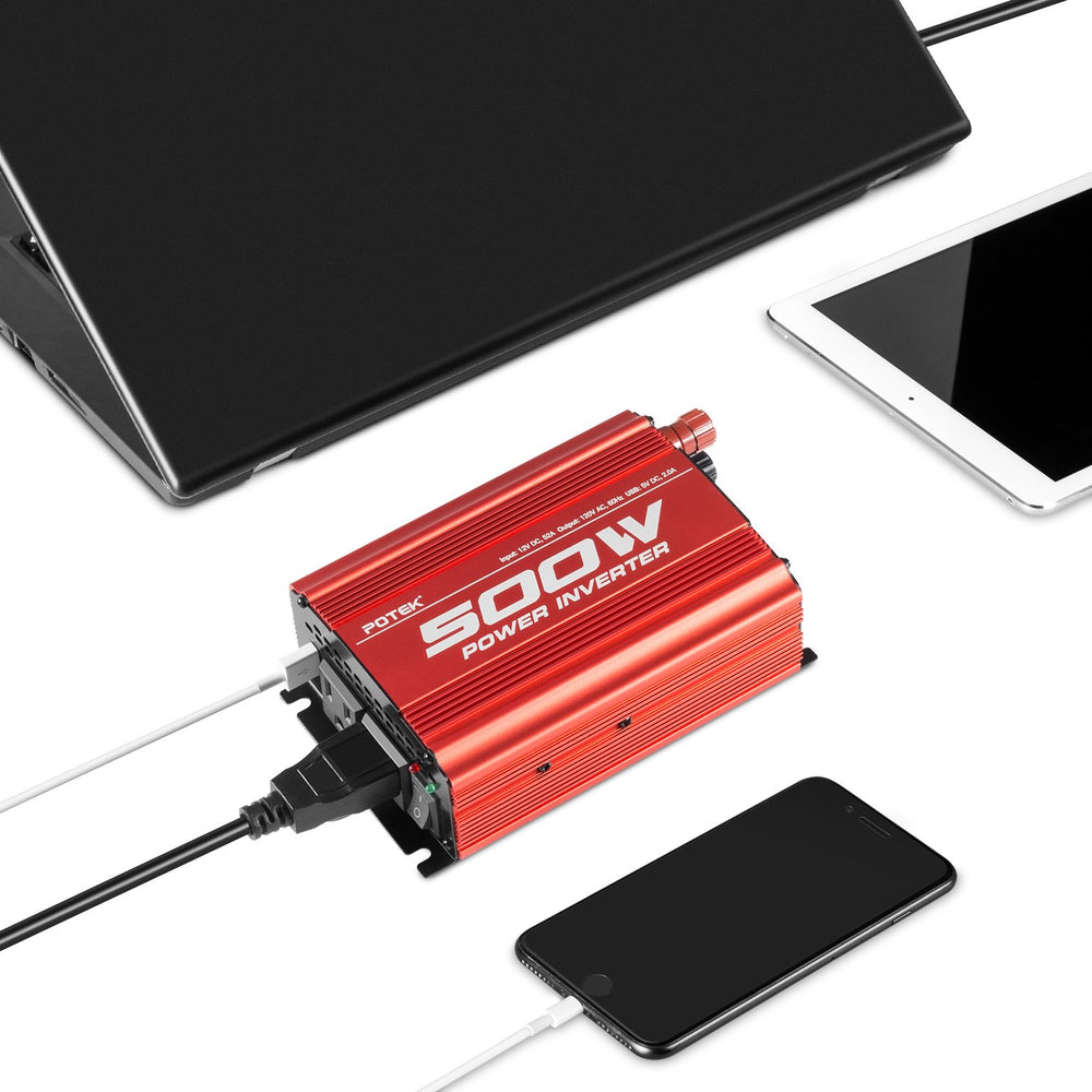 POTEK 500W inverter packaging includes spare fuses and manual for quick setup