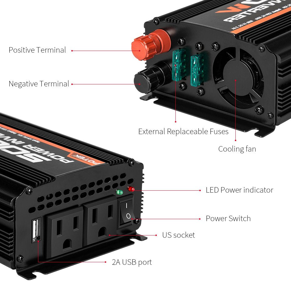 POTEK 500W inverter with dual AC ports for multiple devices