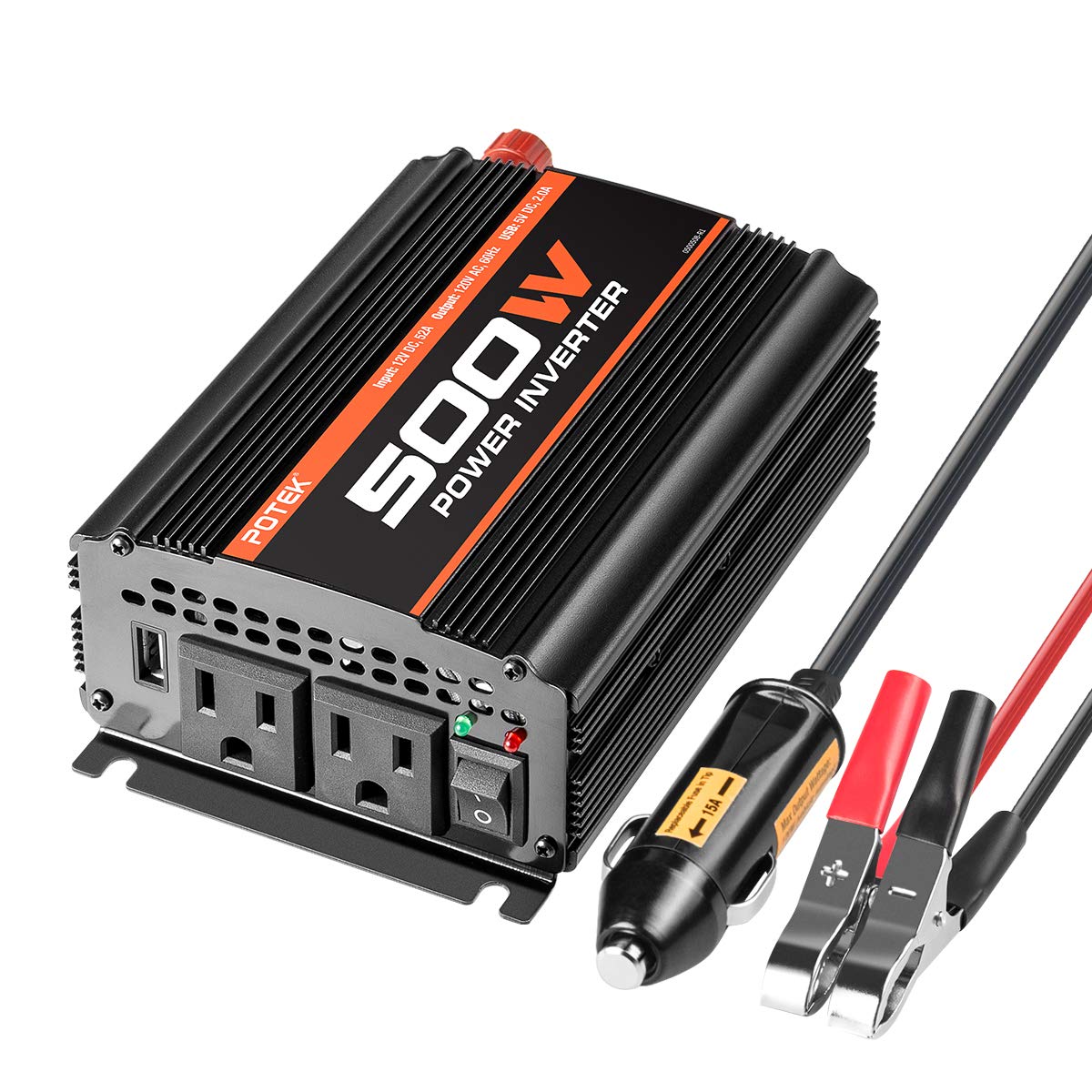 POTEK 500W power inverter front view for on-the-go charging
