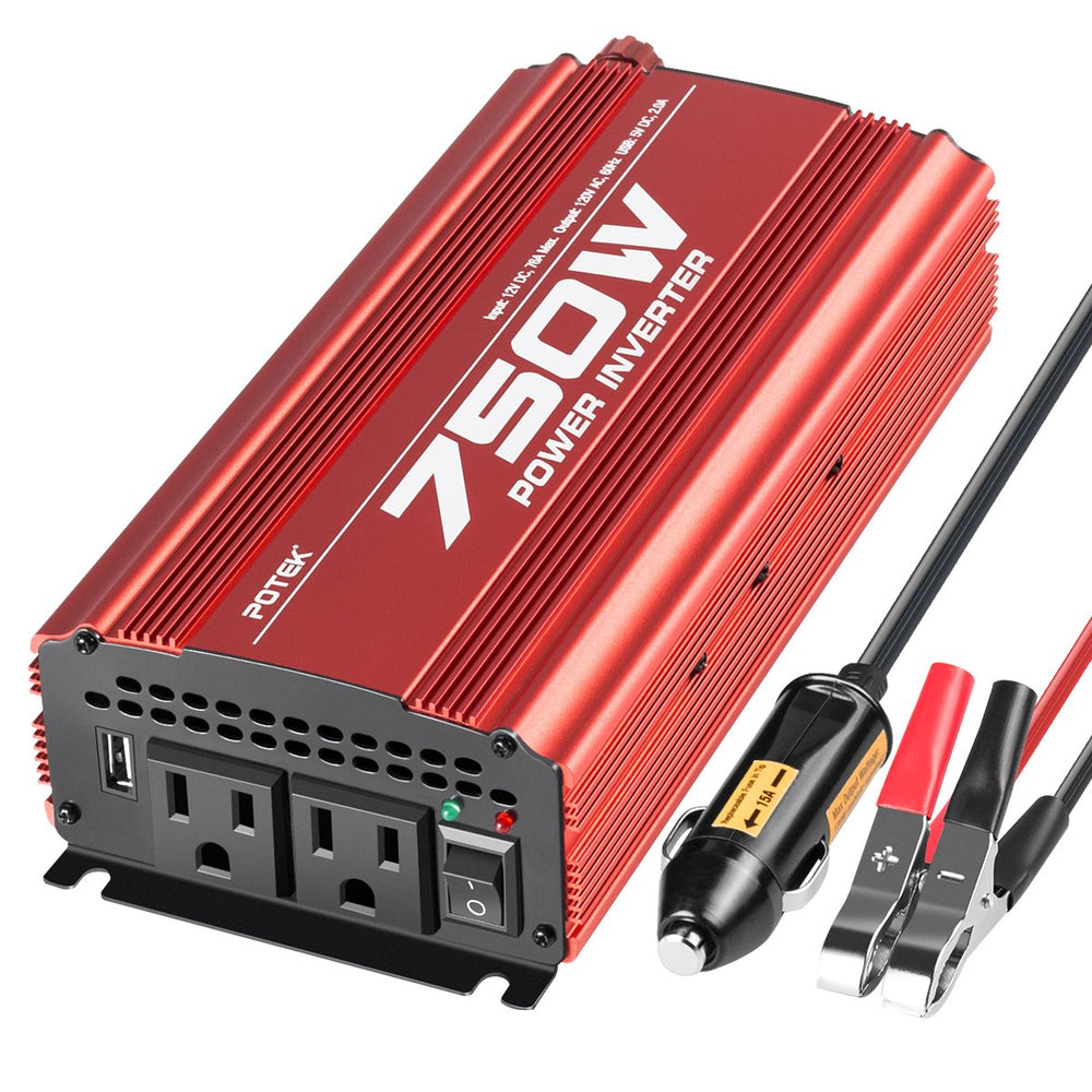 POTEK 750W inverter with battery clamps for car power on the go
