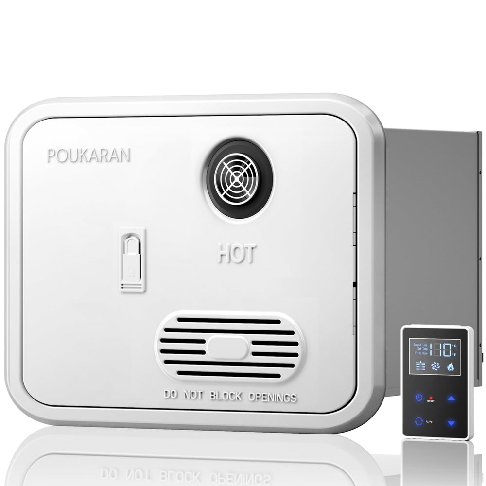 Poukaran 65k BTU RV tankless heater front view showing compact design and white door