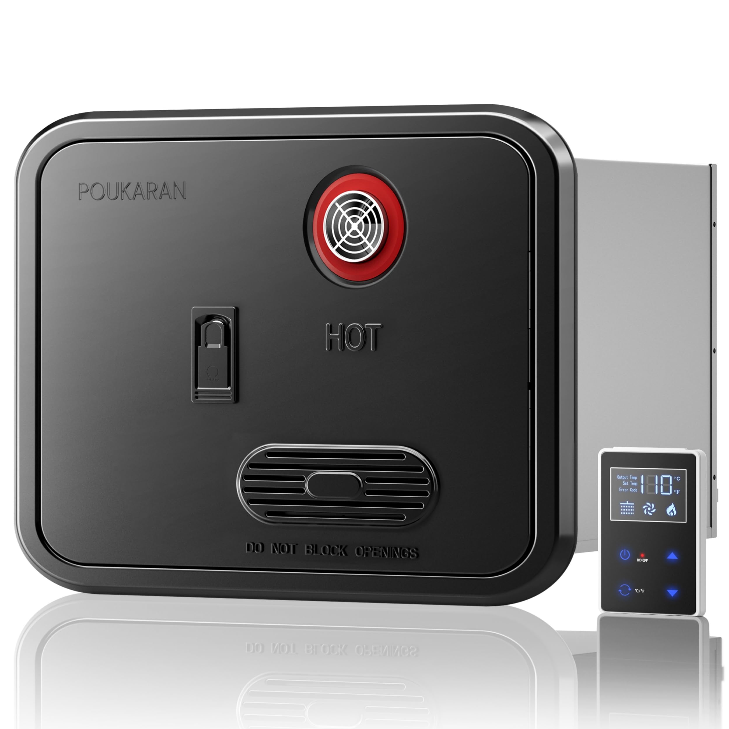 Poukaran tankless water heater front view for instant hot water access in compact RVs.