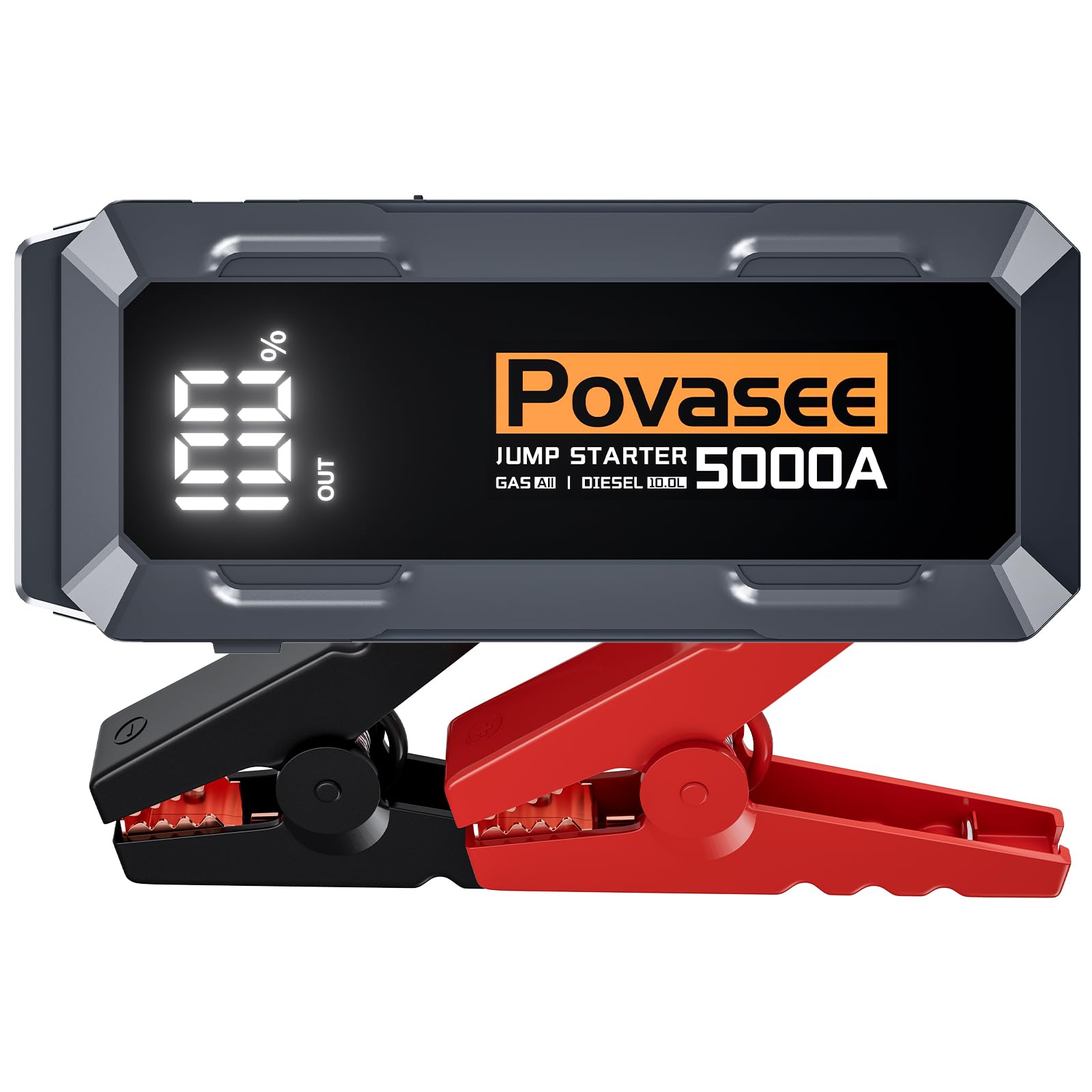Povasee 5000A jumpstarter front view for roadside emergencies.