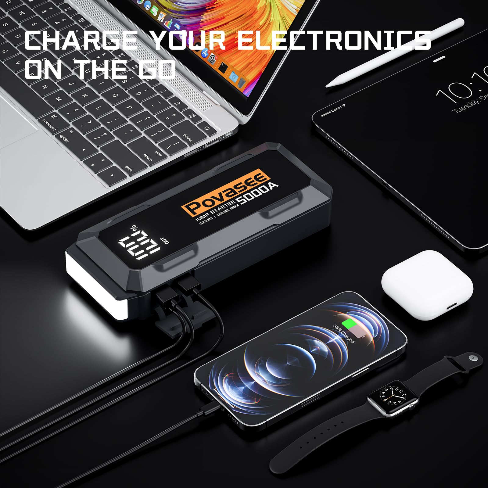 Povasee 5000A jumpstarter LED light for nighttime visibility.