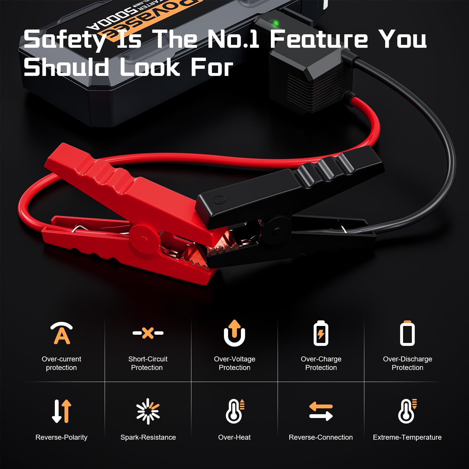 Povasee 5000A jumpstarter USB ports charging devices on the go.