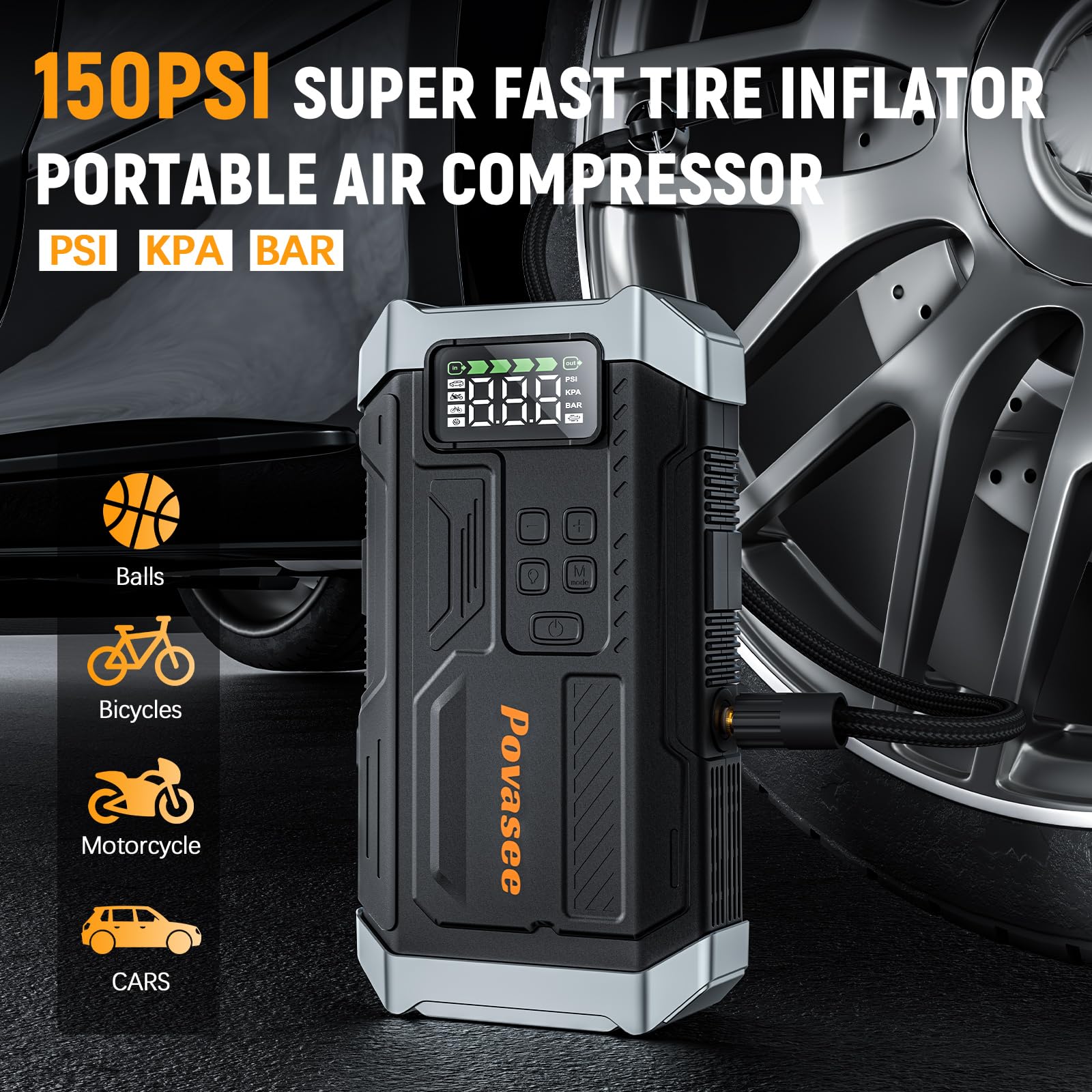 Povasee A6 air compressor in use inflating a tire with fast airflow