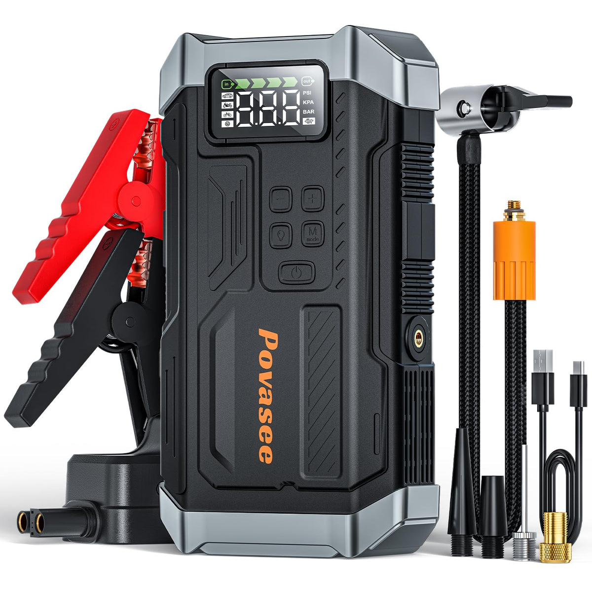 Povasee A6 jump starter front view highlighting compact emergency power