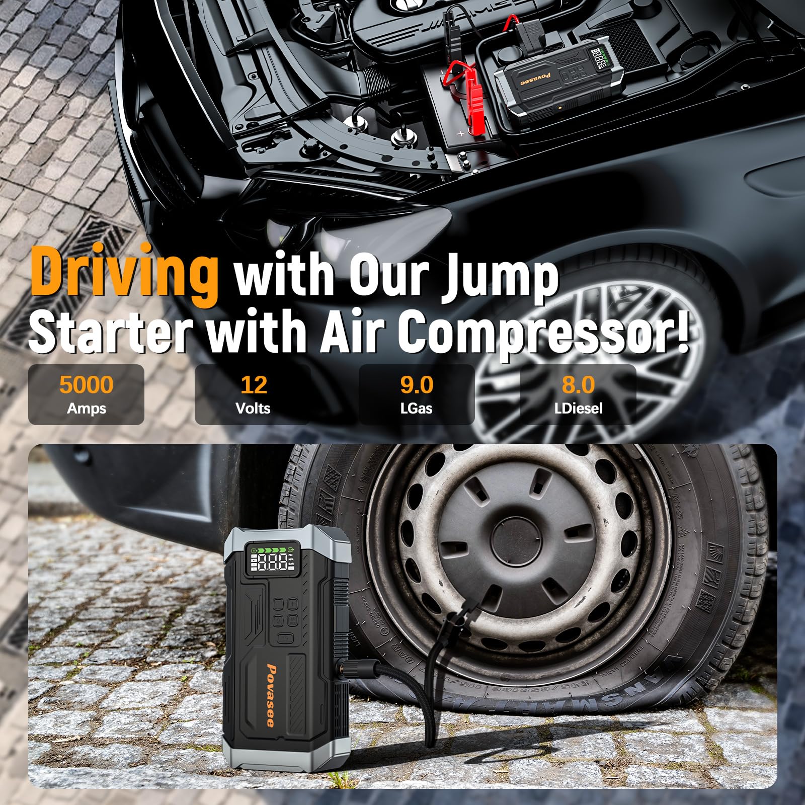 Povasee A6 jump starter top panel showing accessible controls for quick use