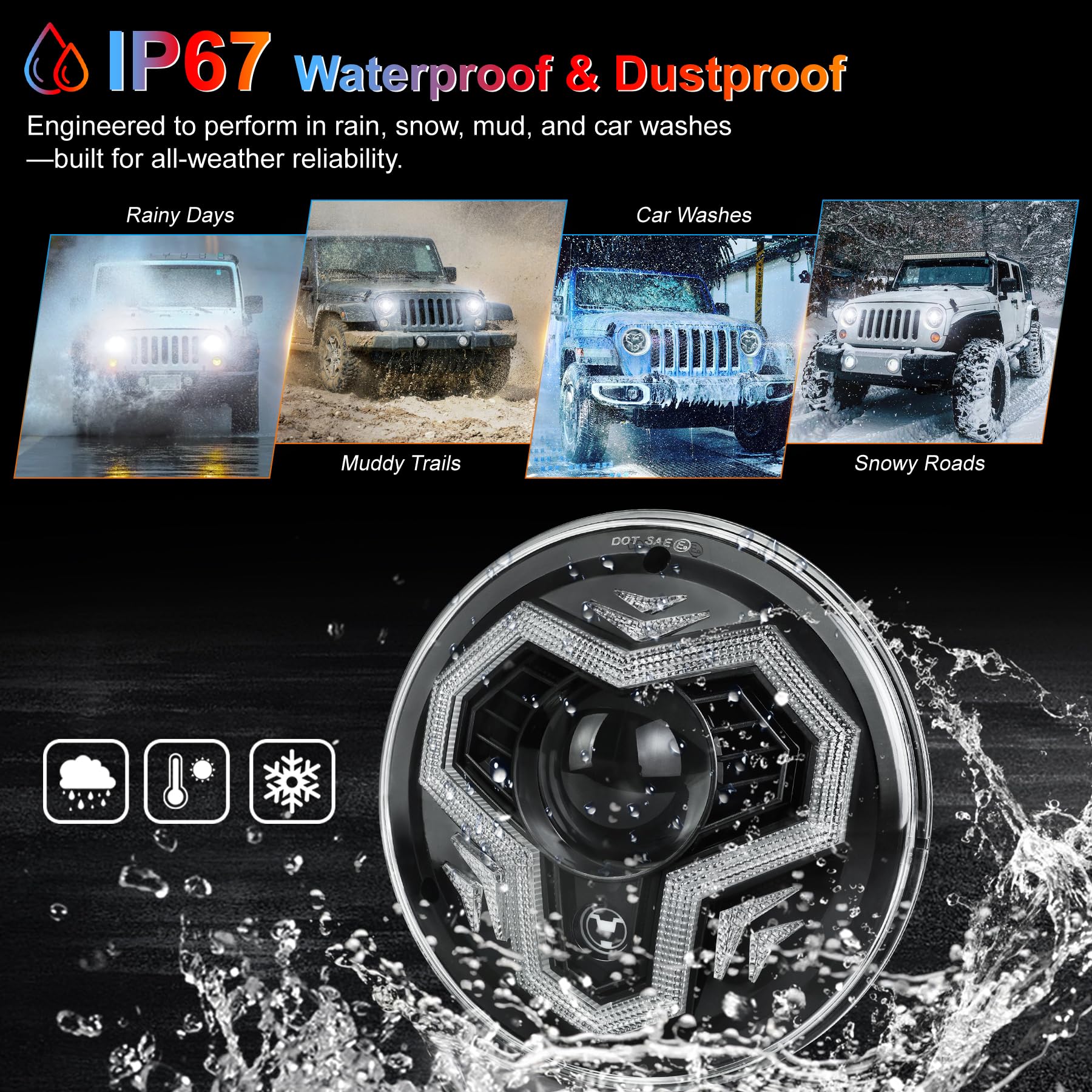 POVTOR IP67-rated headlights withstand rain and dust for all-weather use.