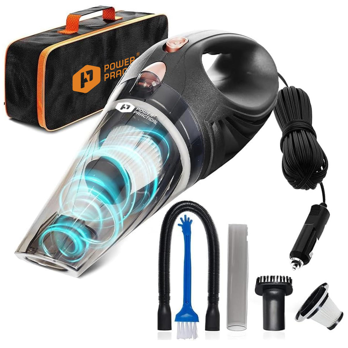 Power Practical THISWORX car vacuum front view shows compact design for quick cleaning