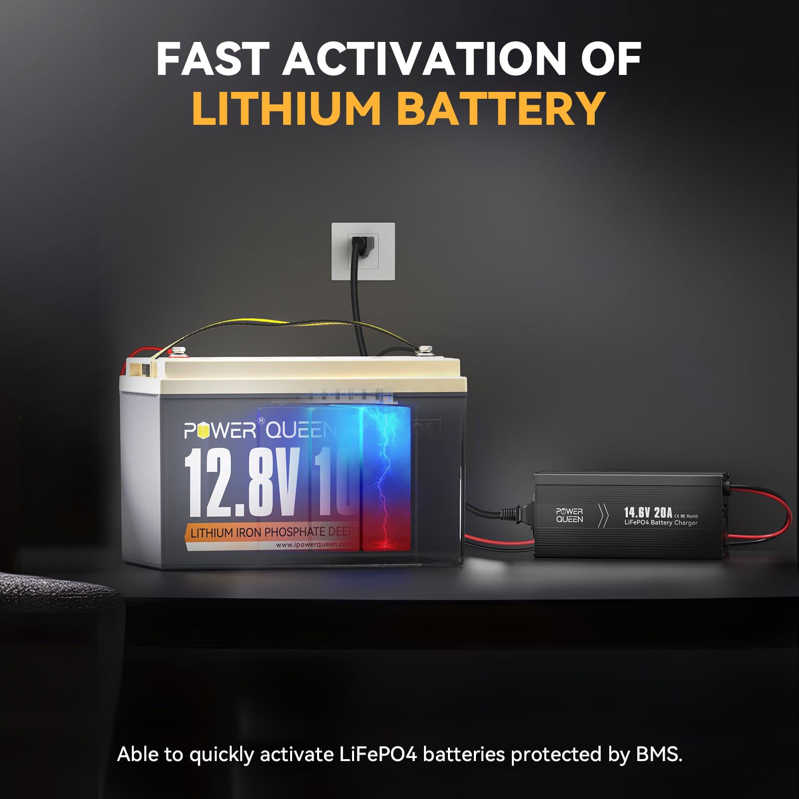 Power Queen connected to a 12V LiFePO4 battery for fast charging.