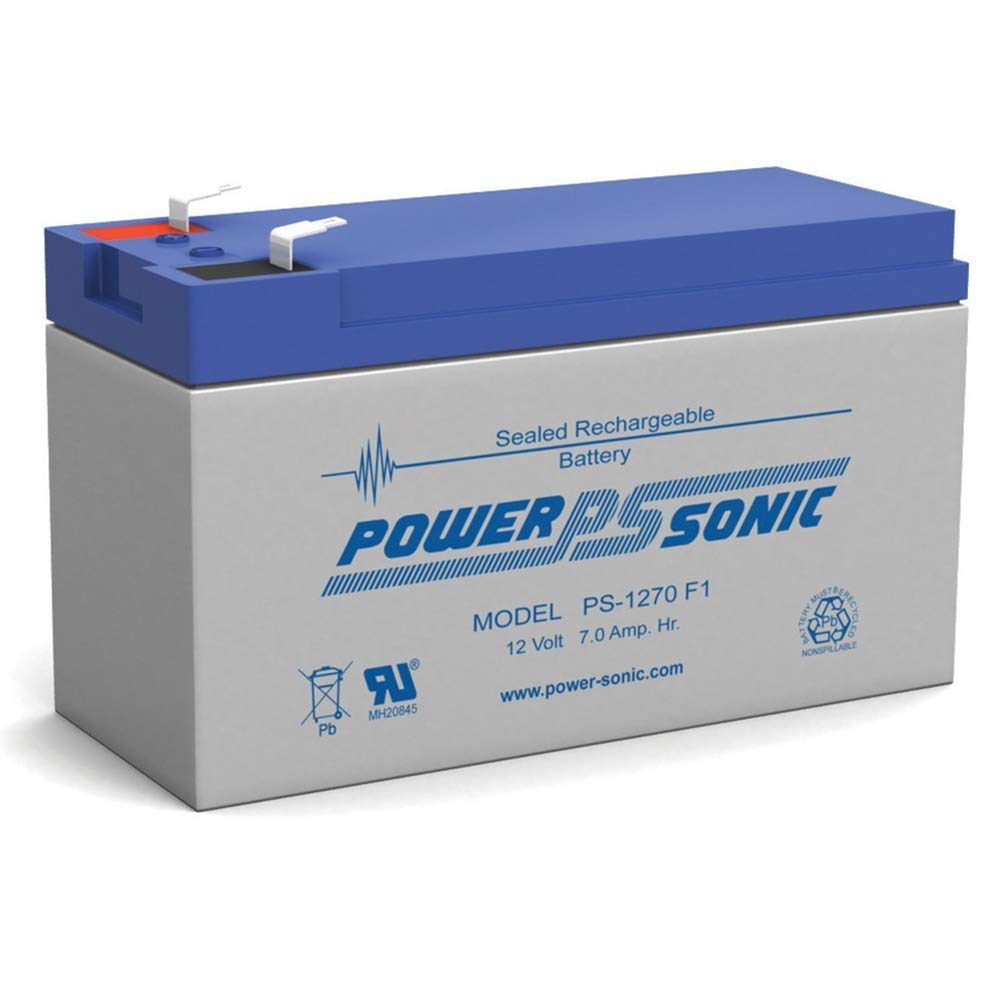 Power Sonic 12V 7Ah battery top view, compact SLA design for easy replacement