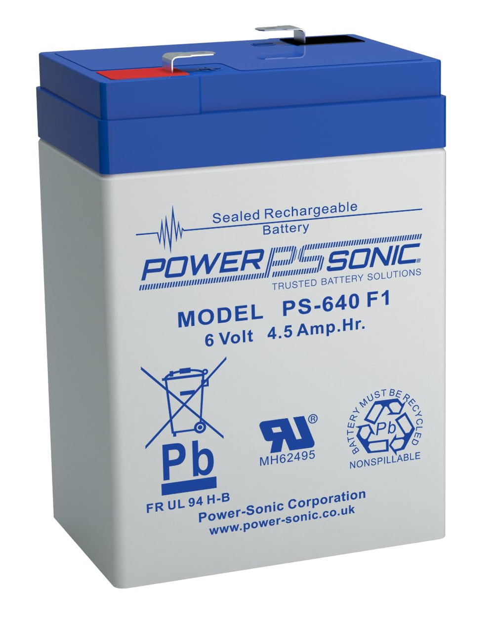 Power Sonic PS-640 top view highlights compact, maintenance-free 6V battery for small electronics.