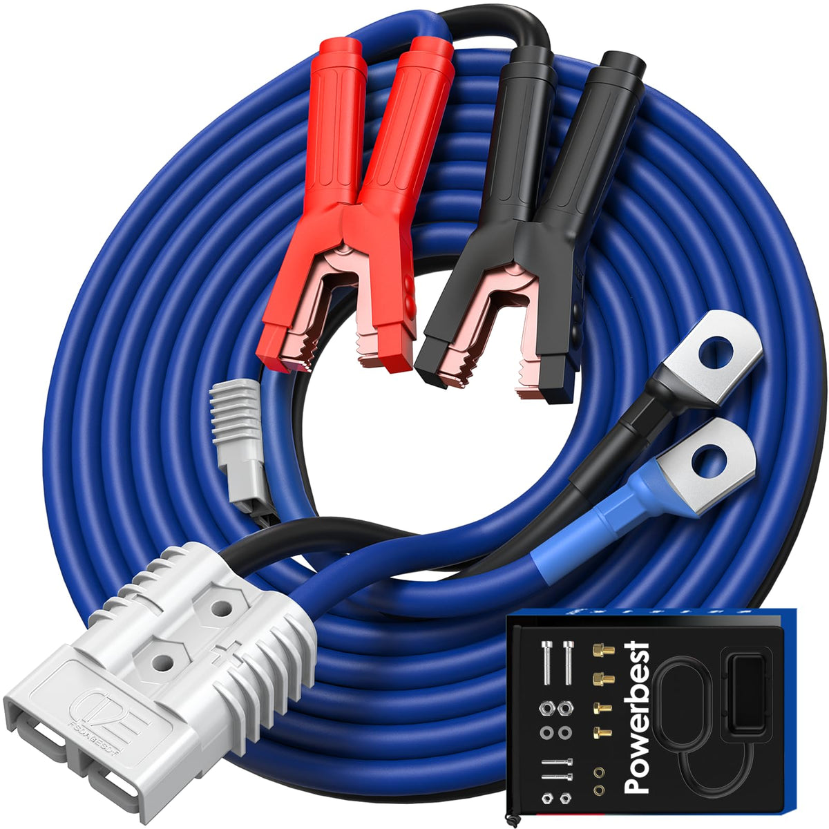 POWERBEST 2/0 gauge jumper cables with 30 ft reach for remote battery boosts.