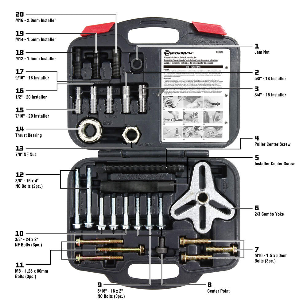 Powerbuilt center-screw and yoke set for secure alignment during removal.