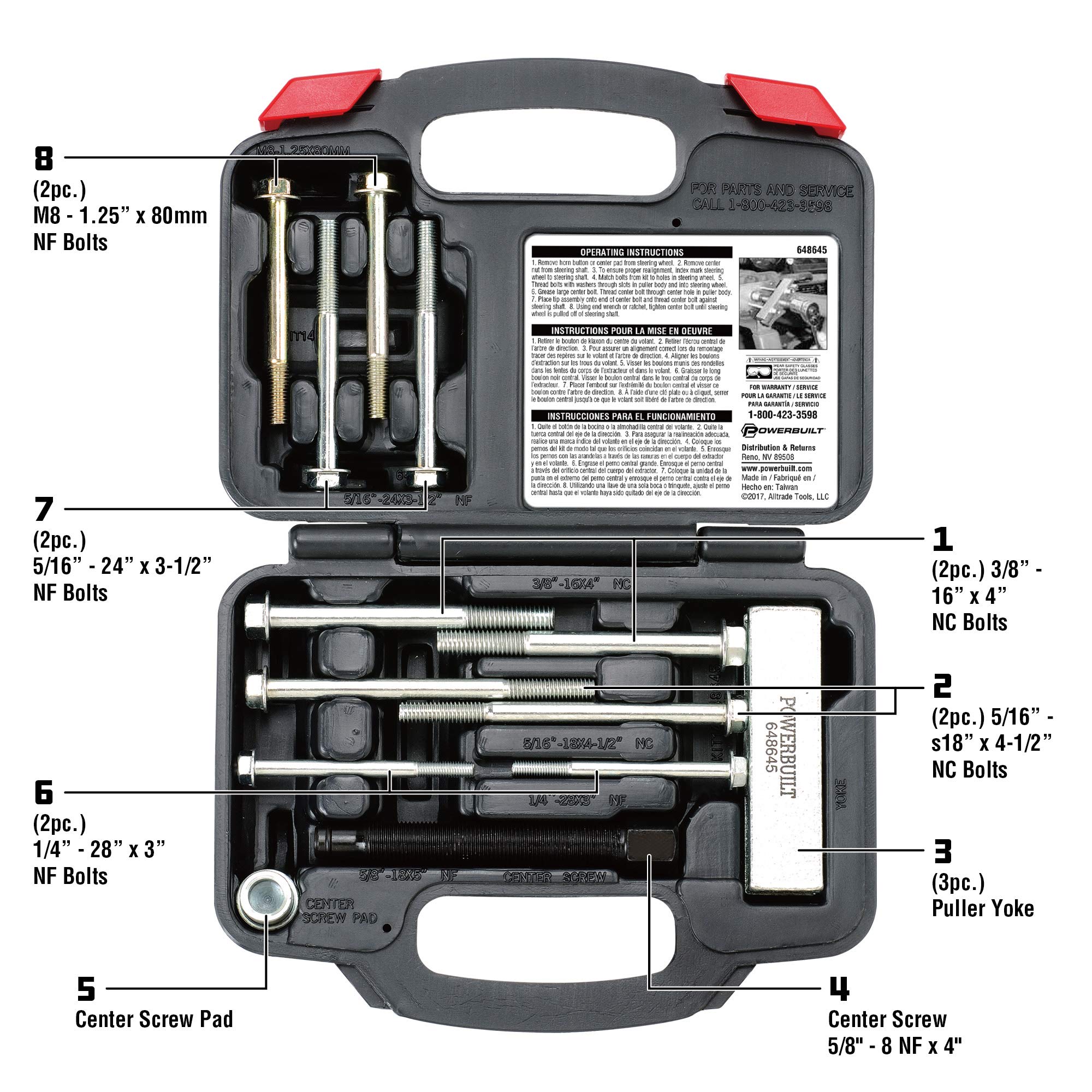 Powerbuilt center screw pad tip shown for secure wheel contact during removal