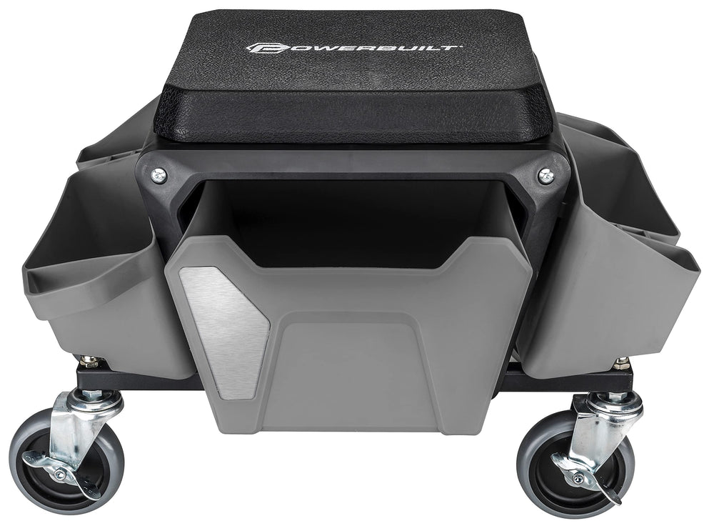 Comfortable foam cushion top on the Powerbuilt rolling seat.