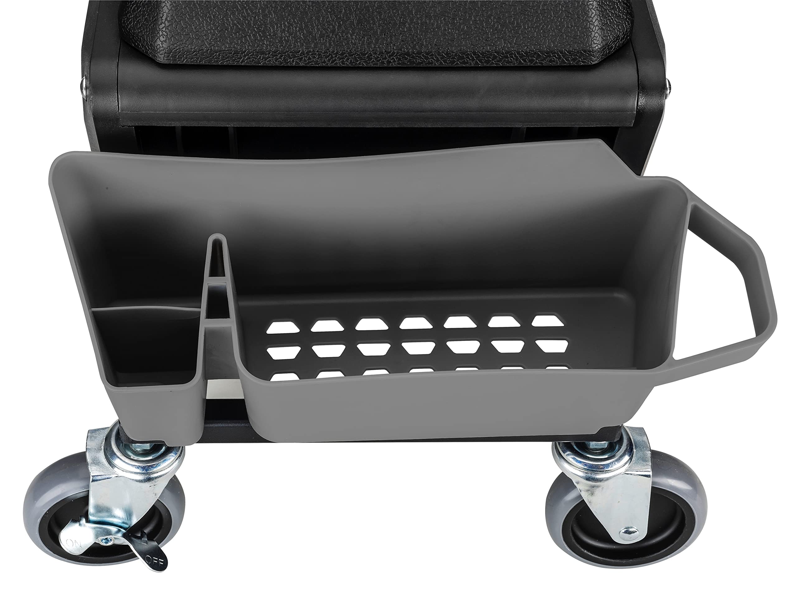 Grey Powerbuilt rolling seat in action for mechanic work.