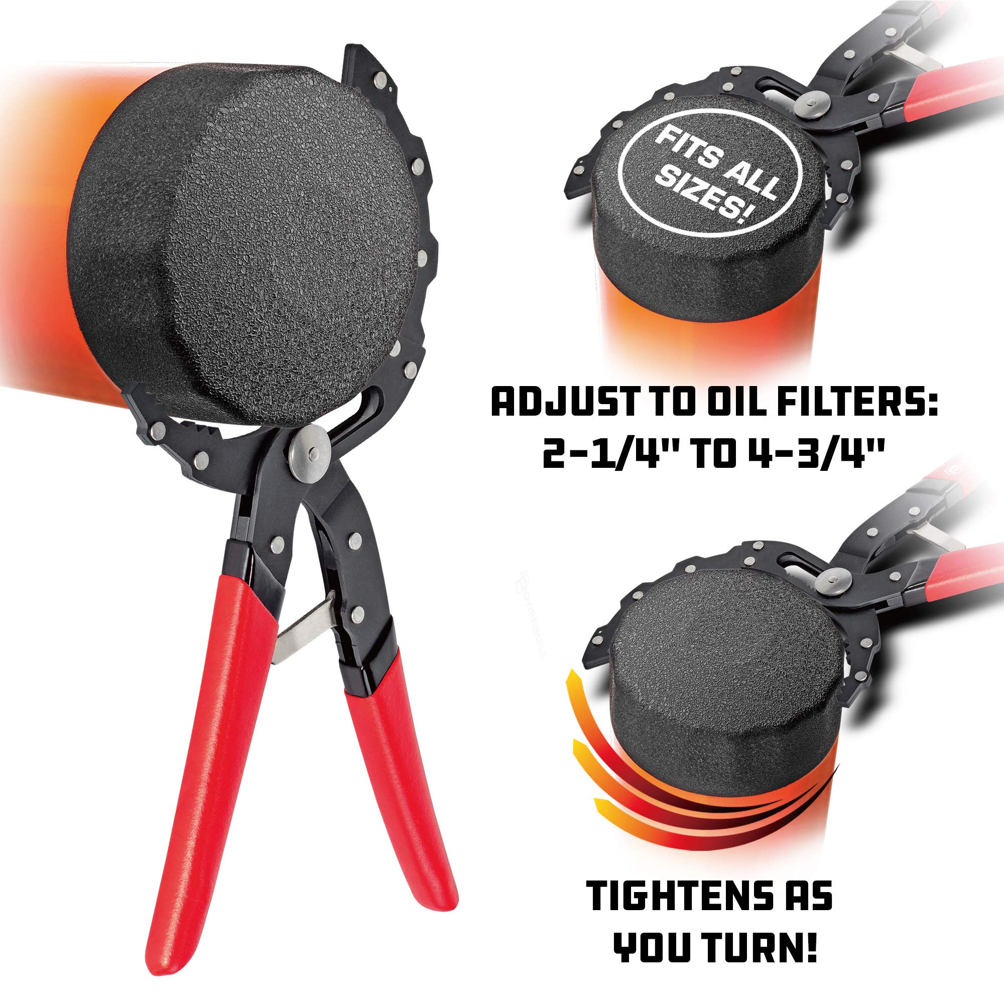 Powerbuilt self-adjusting tool demonstrates slim low-profile jaws in tight engine bay.