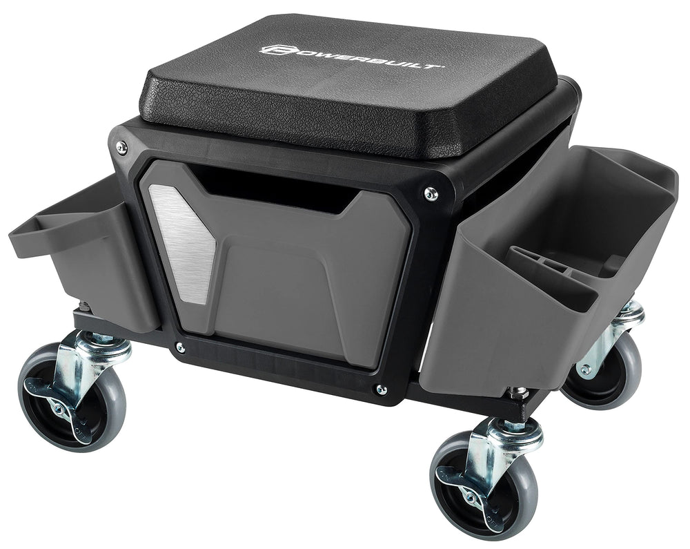 Powerbuilt rolling seat with four wheels for easy garage mobility.