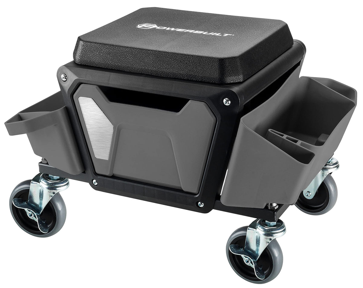 Powerbuilt rolling seat with four wheels for easy garage mobility.