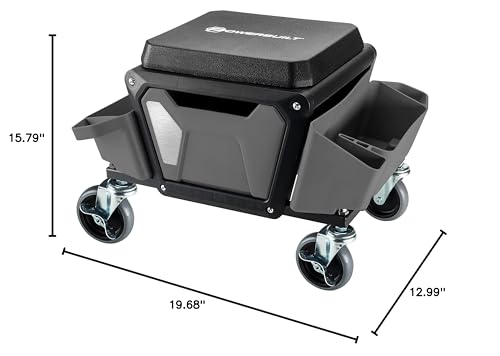 Powerbuilt seat with drawer and trays to organize tools.