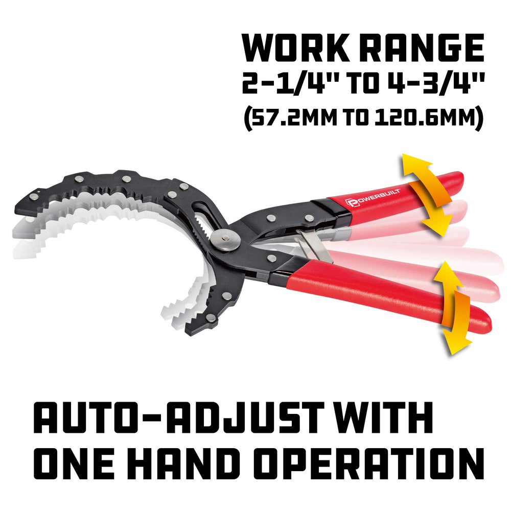 Powerbuilt self-adjusting oil filter pliers adjustment mechanism shown enabling quick fit.