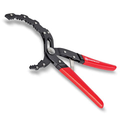 Powerbuilt self-adjusting oil filter pliers jaws grip securely for fast filter removal.