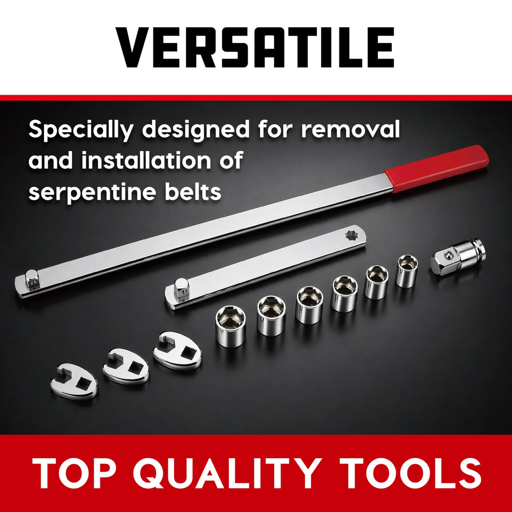 Powerbuilt tool set in use to remove a belt from a tight engine bay.