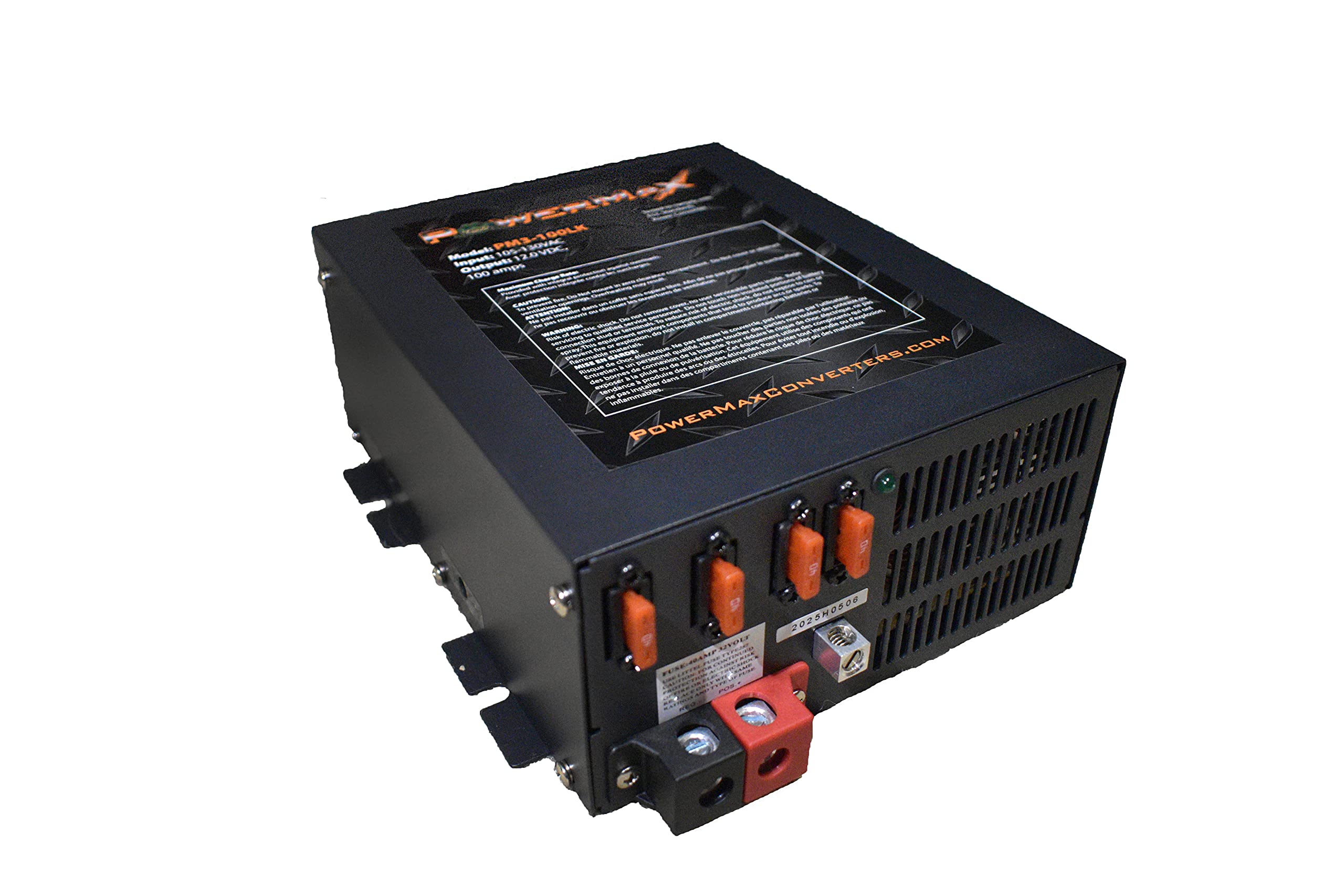 PowerMax PM3-100LK front view shows compact RV power converter for reliable charging