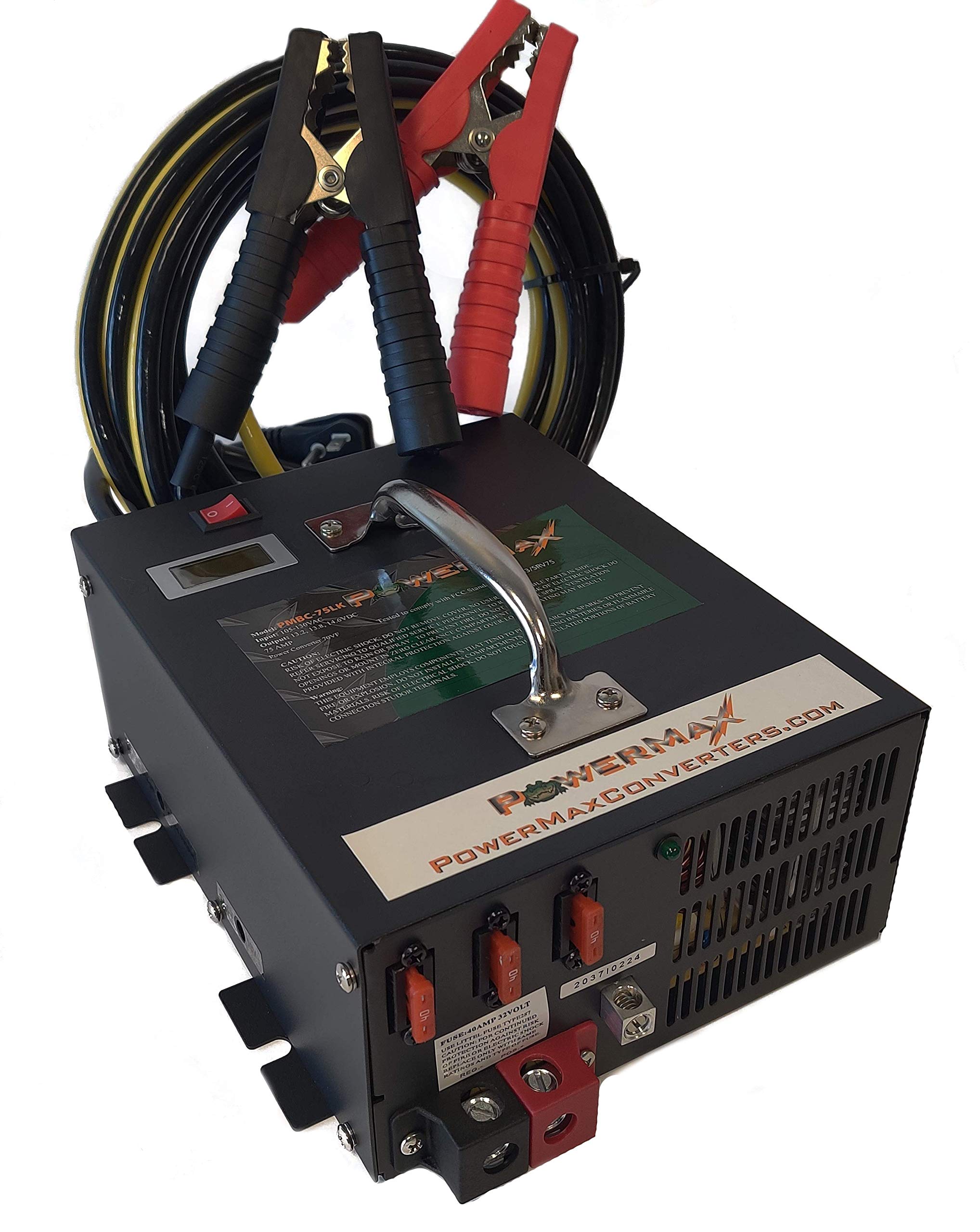 PowerMax PMBC-75 front view showing rugged charger ready for RV and boat use