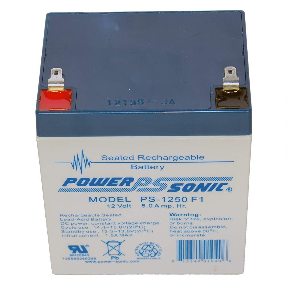 Power Sonic PS-1250 12V 5Ah battery with clear dimensions label for easy integration.