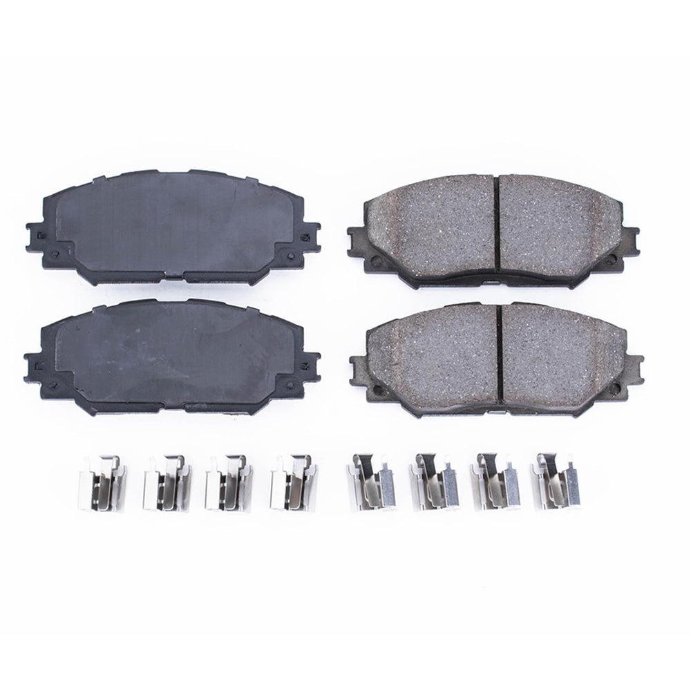 PowerStop Z17 ceramic brake pads closeup with chamfered and slotted surface.